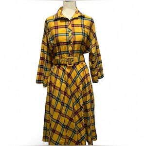 Retro Yellow Plaid Dress Women’s Medium Belted Collared Button Front Vintage